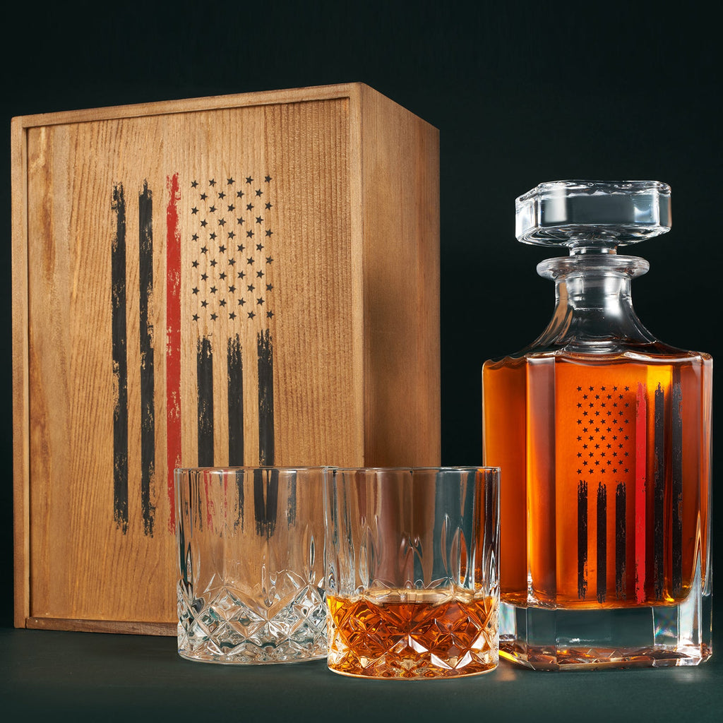 Firefighter Tactical Red Tattered American Flag Whiskey Decanter Gift Set